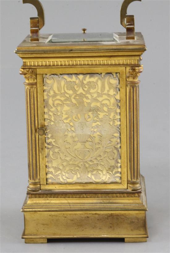 An early 20th century French quarter repeating carriage alarm clock, by Le Roy & Fils, Palais Royale, height 7in.